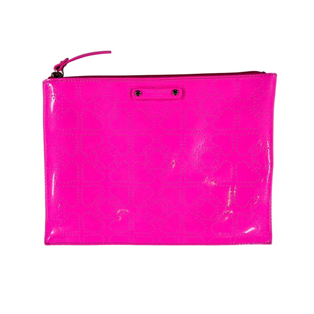 Kate Spade Pouch Hot Pink Perforated Hearts Patent Leather Clutch Travel Bag